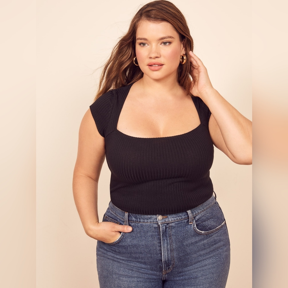 NWT Reformation Bardot Black Ribbed Top